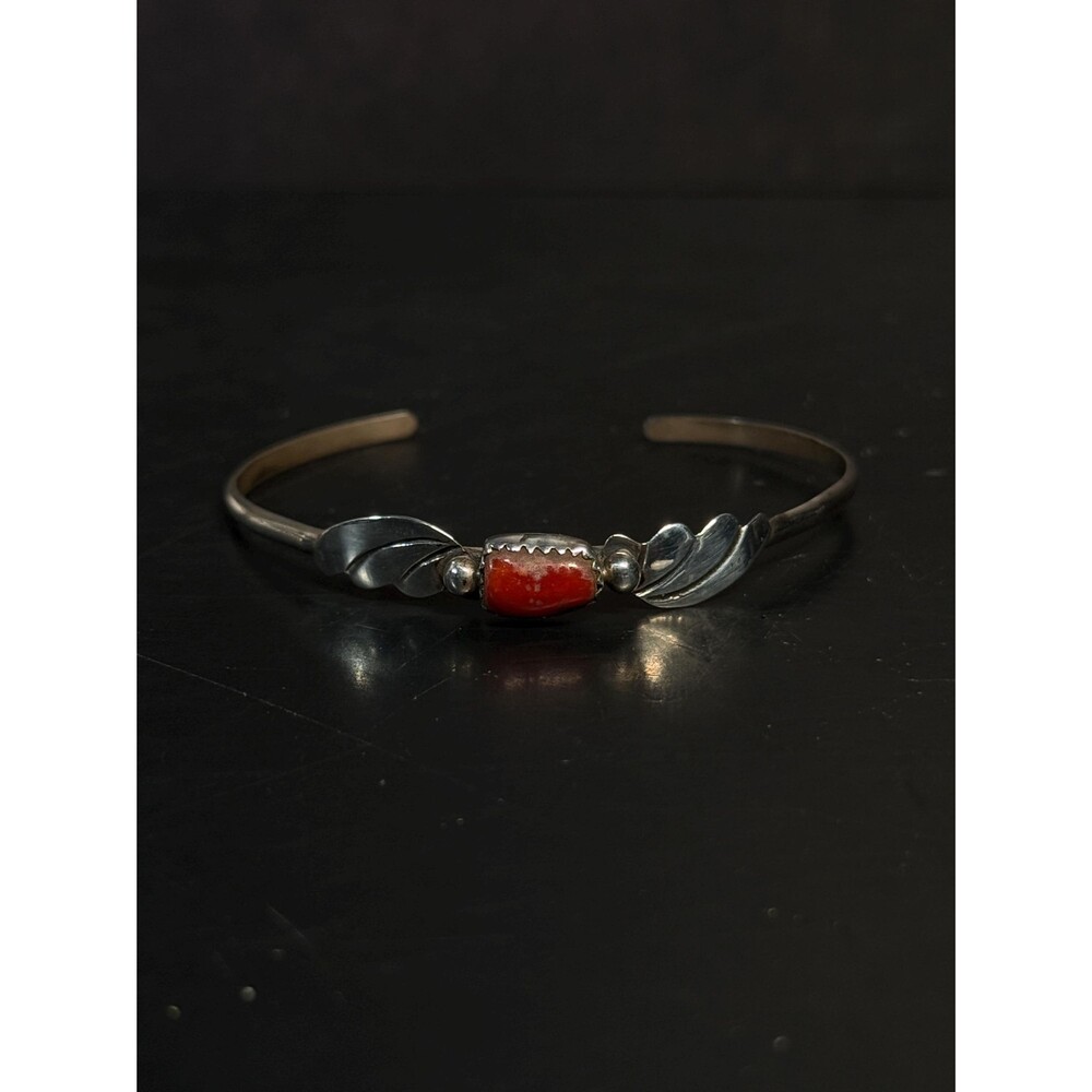 Vintage Native American Sterling Silver Red Coral Leaf Cuff Bracelet